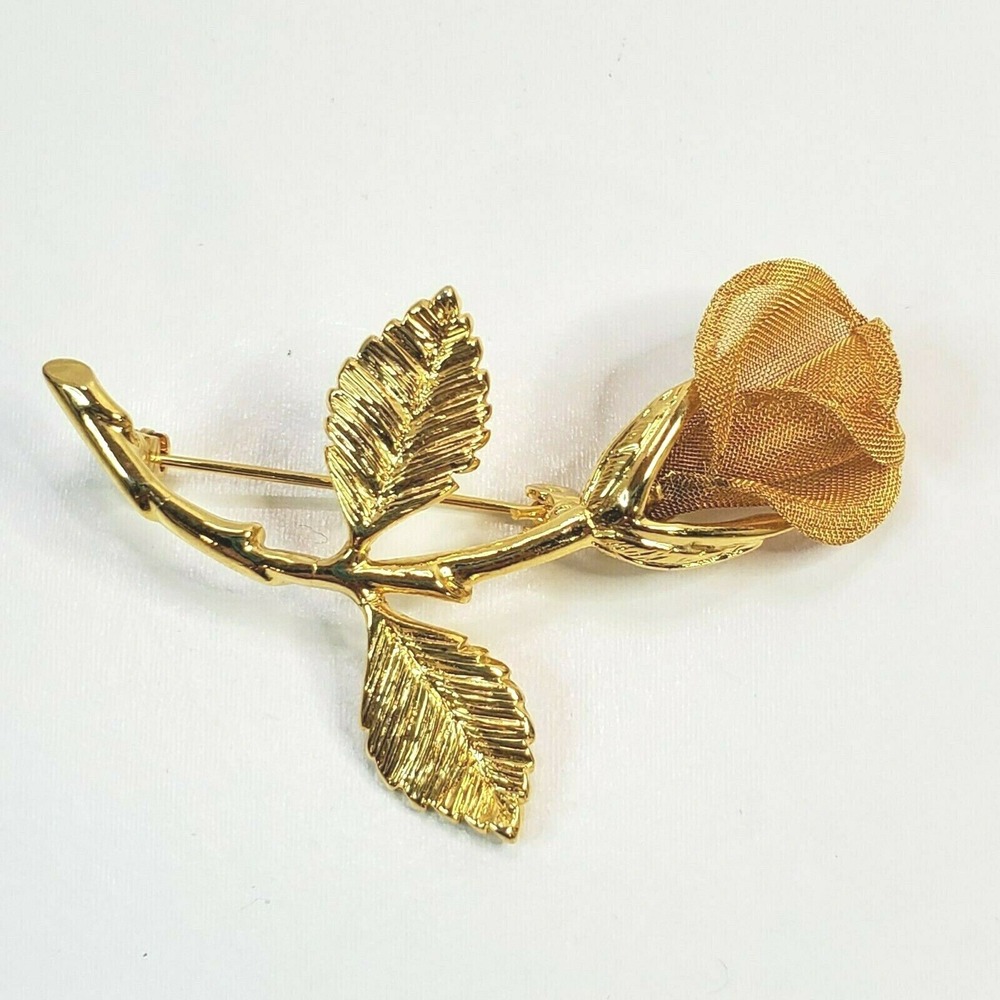 Vintage Anne Klein Mesh & Gold Tone Metal Rose Flower Brooch Pin